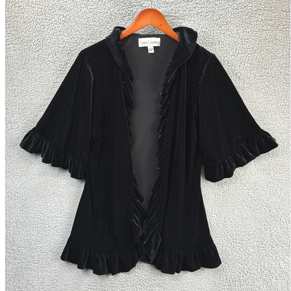 Sara Campbell Ruffle Velvet Open Front Cardigan Jacket Womens Size L Black Party